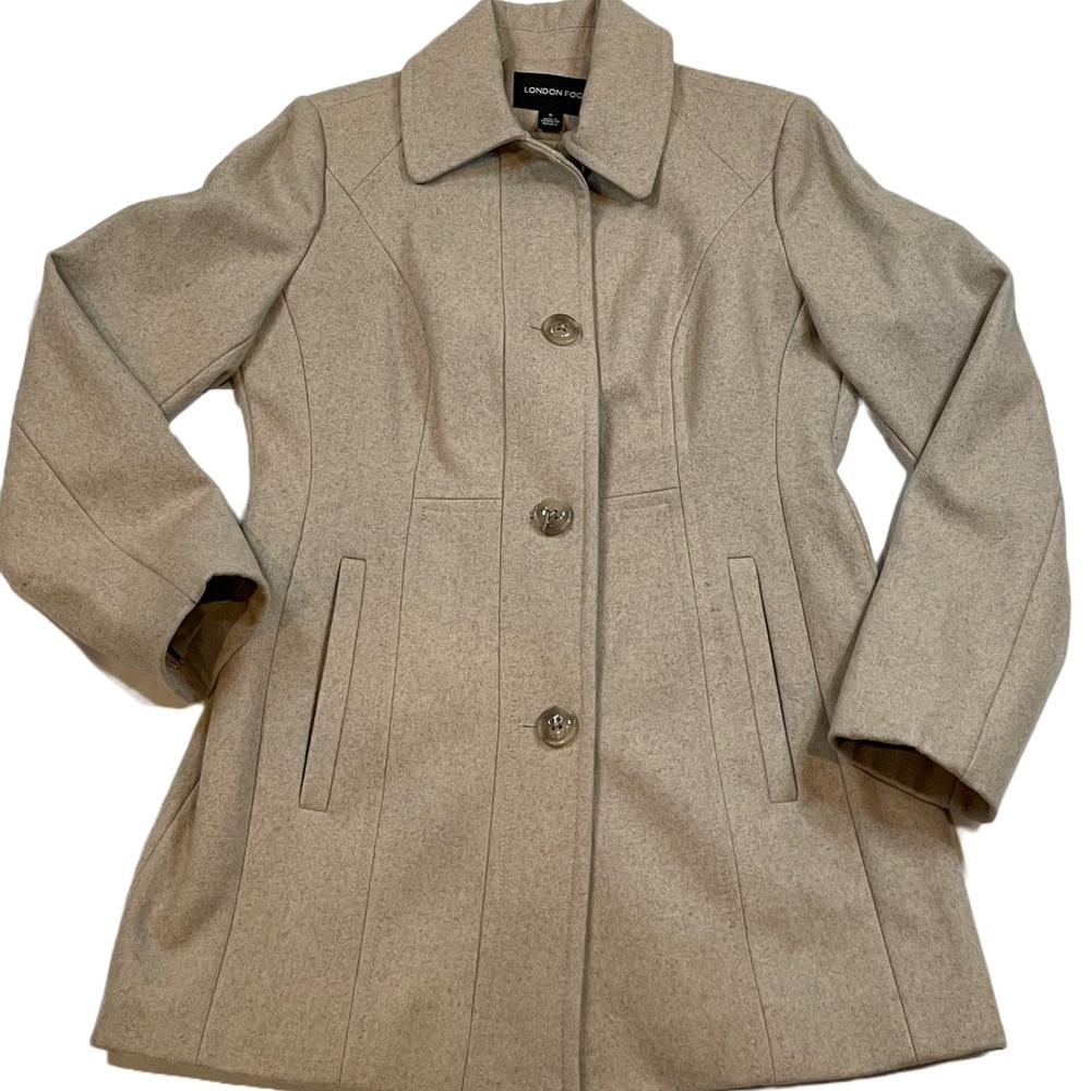 Women’s London Fog Oatmeal Wool Blend Button Down Pea Coat Size Small